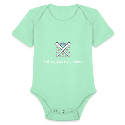 Organic Short Sleeve Baby Bodysuit Cute Baseball Batting - light mint