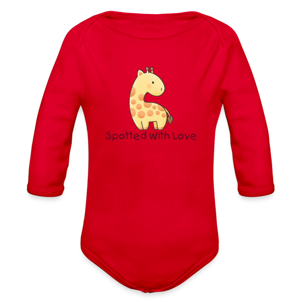 Organic Long Sleeve Baby Bodysuit Giraffe Spotted With Love - red