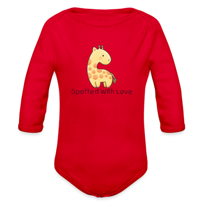 Organic Long Sleeve Baby Bodysuit Giraffe Spotted With Love - red