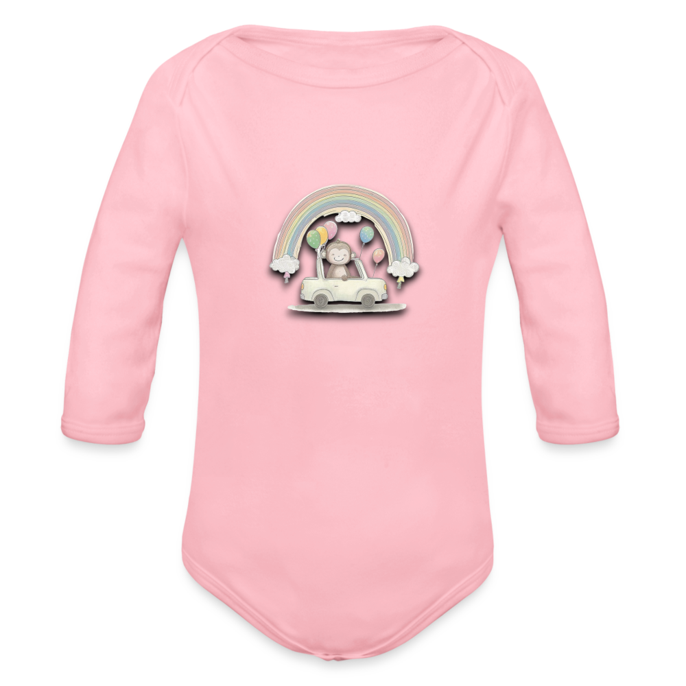 Organic Long Sleeve Baby Bodysuit Monkey in Car with Balloons & Rainbows - light pink