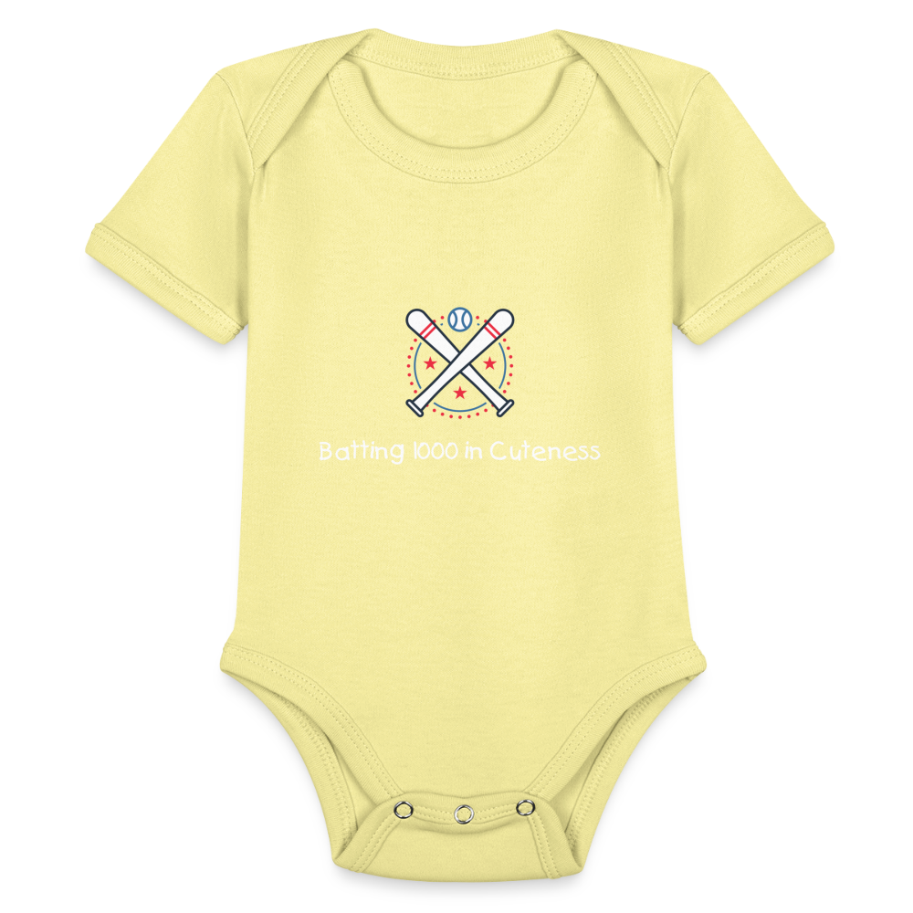 Organic Short Sleeve Baby Bodysuit Cute Baseball Batting - washed yellow