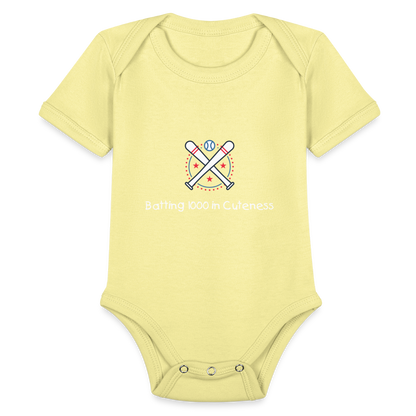 Organic Short Sleeve Baby Bodysuit Cute Baseball Batting - washed yellow