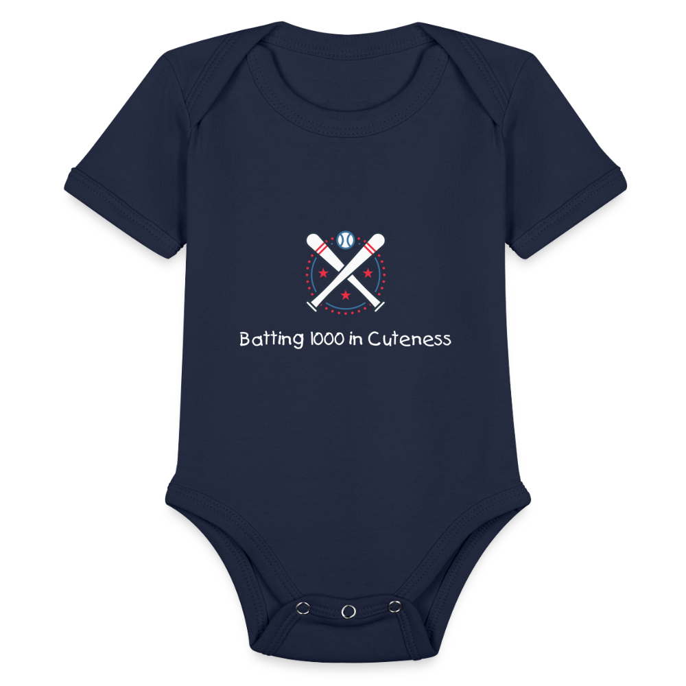 Organic Short Sleeve Baby Bodysuit Cute Baseball Batting - dark navy