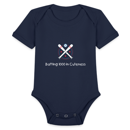 Organic Short Sleeve Baby Bodysuit Cute Baseball Batting - dark navy