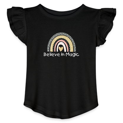 Toddler Girls Flutter T-shirt Rainbow & Hearts Believe in Magic - black