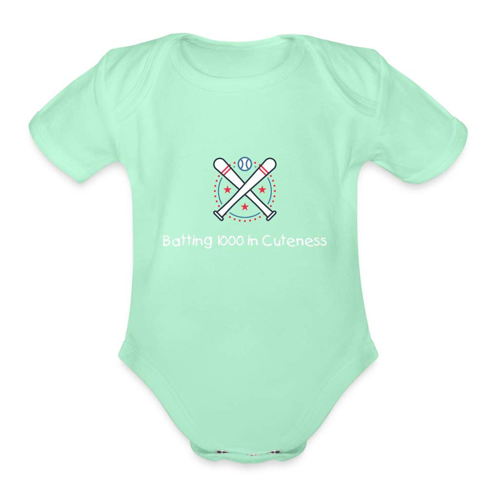 Organic Short Sleeve Baby Bodysuit Cute Baseball Batting - light mint