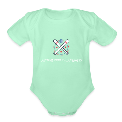 Organic Short Sleeve Baby Bodysuit Cute Baseball Batting - light mint