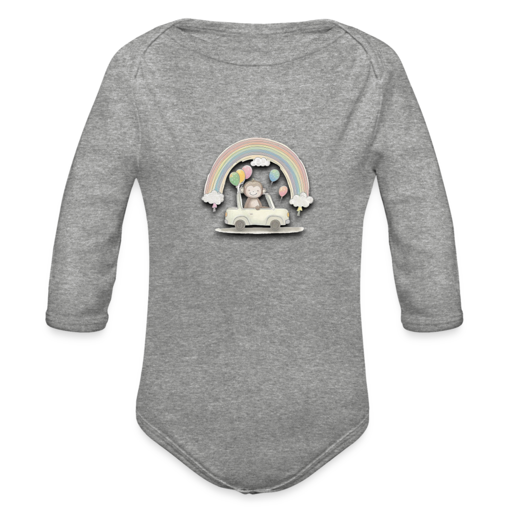 Organic Long Sleeve Baby Bodysuit Monkey in Car with Balloons & Rainbows - heather grey