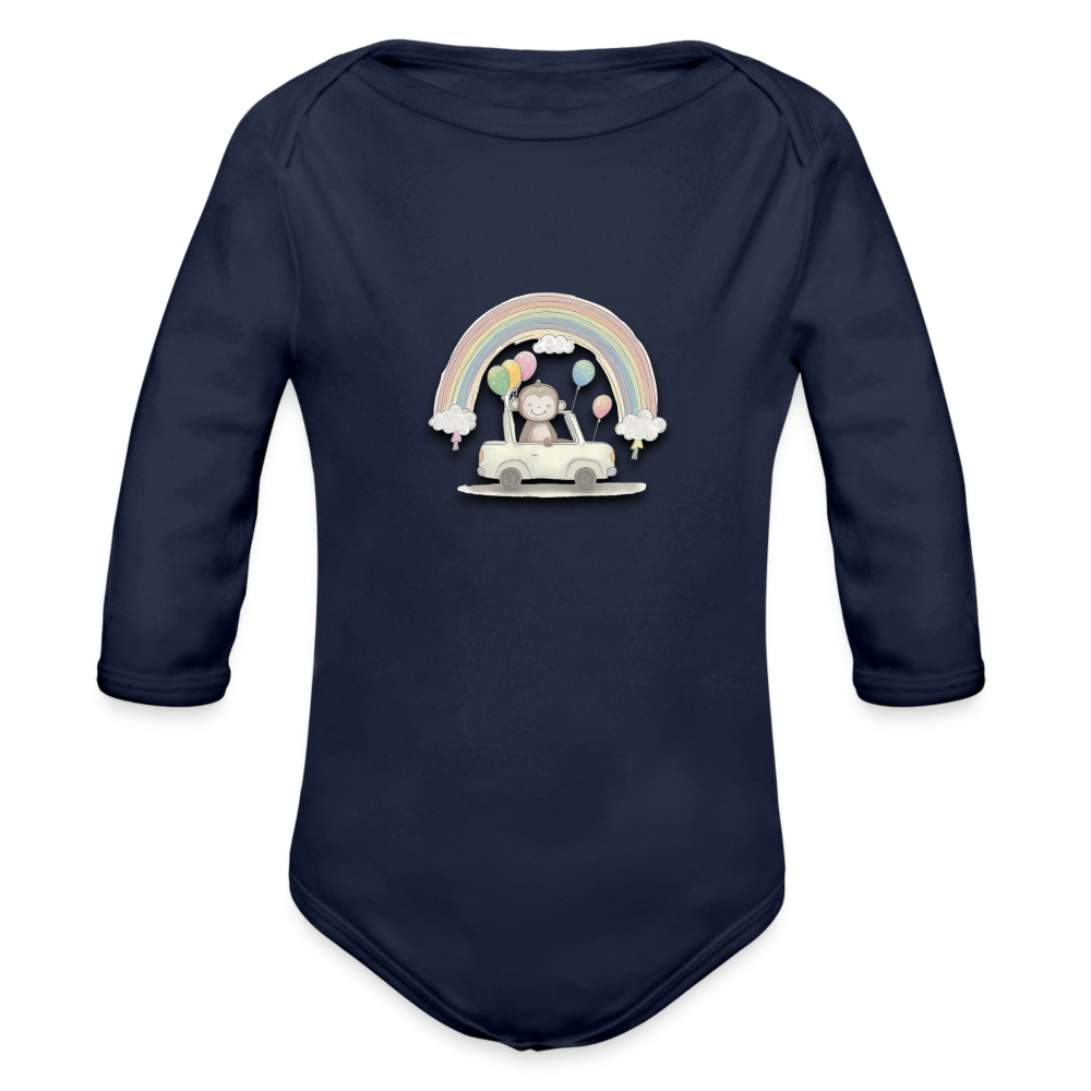 Organic Long Sleeve Baby Bodysuit Monkey in Car with Balloons & Rainbows - dark navy