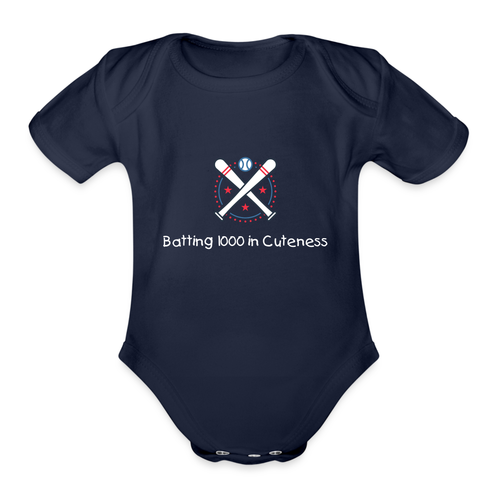 Organic Short Sleeve Baby Bodysuit Cute Baseball Batting - dark navy