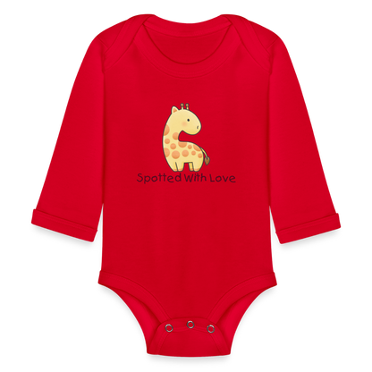 Organic Long Sleeve Baby Bodysuit Giraffe Spotted With Love - red