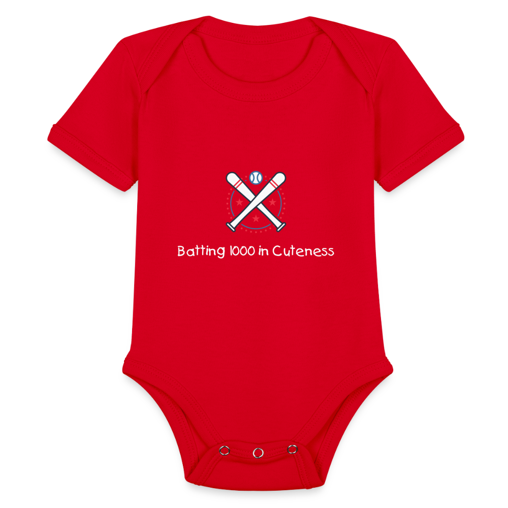 Organic Short Sleeve Baby Bodysuit Cute Baseball Batting - red