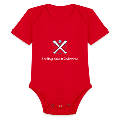 Organic Short Sleeve Baby Bodysuit Cute Baseball Batting - red