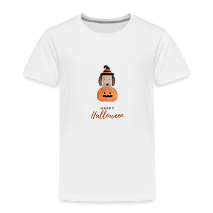 Toddler Premium T-Shirt Happy Halloween, Cute Puppy in a Pumpkin - white