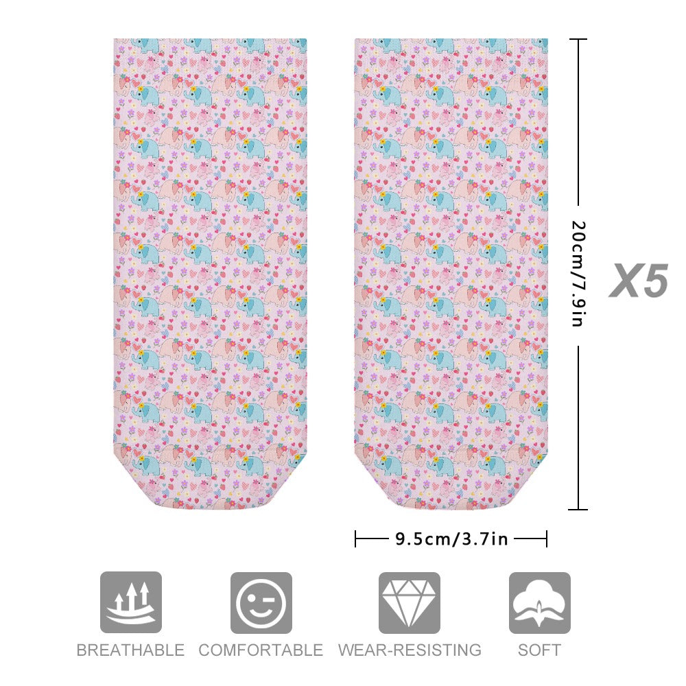 Cute Pastel Heart Elephants Pattern Children's Comfortable Socks -5 Pairs -MyBrightSideClothing