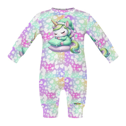 Cute Pastel Rainbow Sleepy Time Unicorn Heart Pattern and Graphic Baby Romper-My Bright Side Clothing