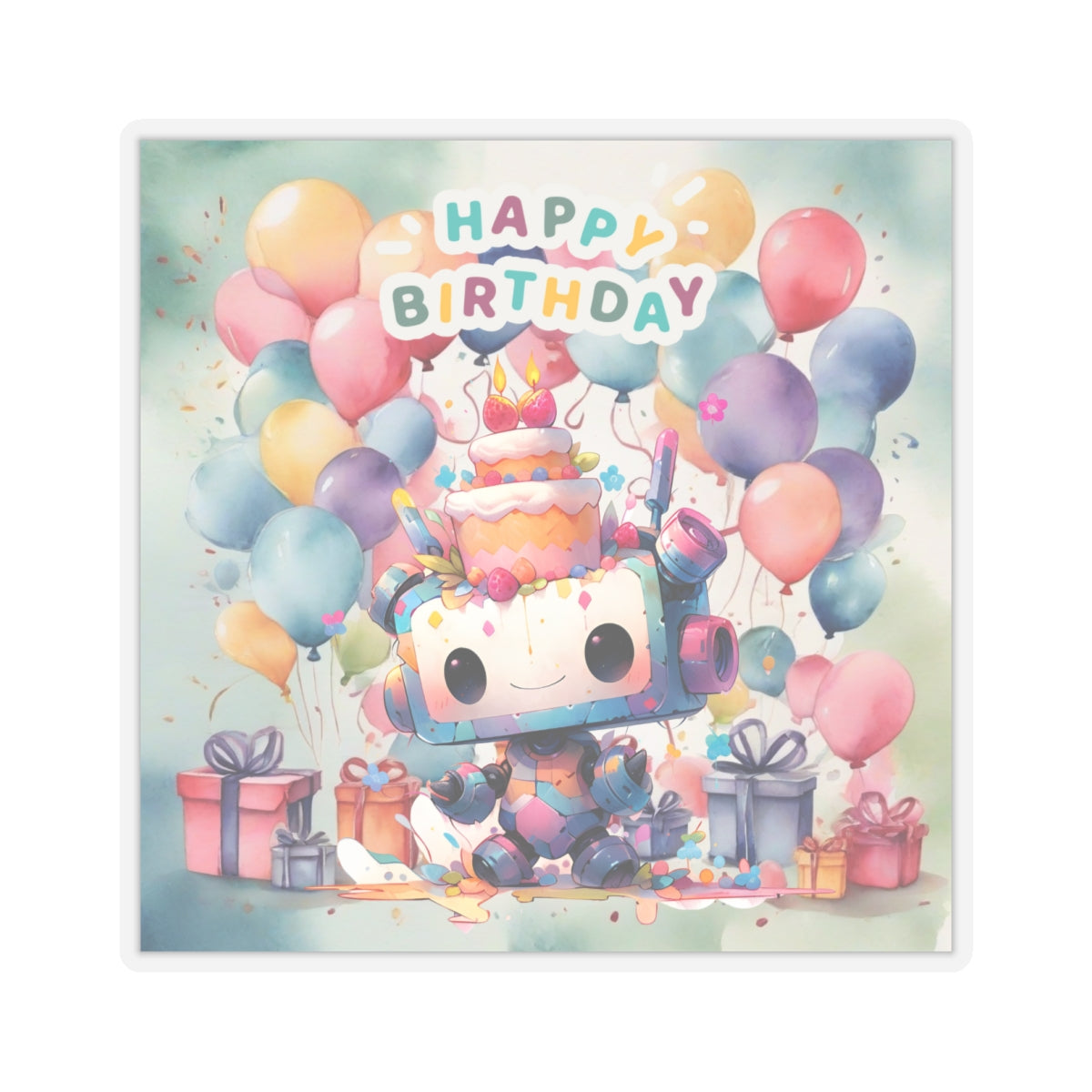 Cute little Robot Happy Birthday Kiss-Cut Sticker-My Bright Side Clothing