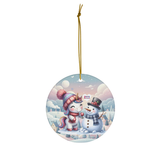 Cute Snowman and Pastel Baby Unicorn Christmas Ceramic Ornament--My Bright Side Clothing