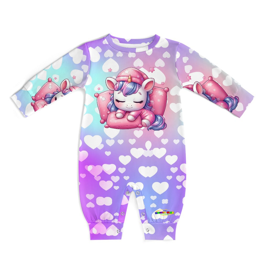 Cute Pastel Rainbow Sleepy Time Unicorn Heart Pattern and Graphic Baby Romper-My Bright Side Clothing