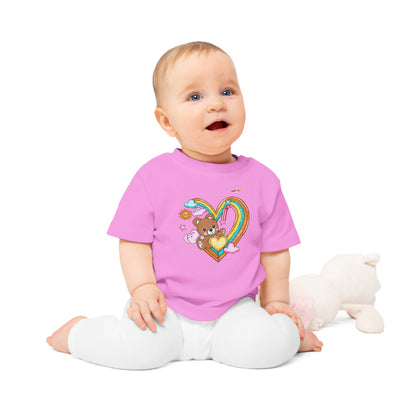 Cute Rainbow Heart Teddy Bear Graphic Baby T-Shirt-mybrigtsideclothing.com