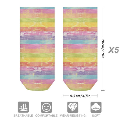 Grunge Pastel Strip Rainbow Pattern Children's Comfortable Socks -5 Pairs -MyBrightSideClothing