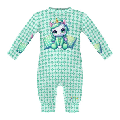 Cute Pastel Green Sleepy Time Unicorn Heart Pattern and Graphic Baby Romper-My Bright Side Clothing