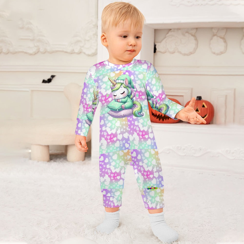 Cute Pastel Rainbow Sleepy Time Unicorn Heart Pattern and Graphic Baby Romper-My Bright Side Clothing