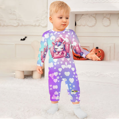 Cute Pastel Rainbow Sleepy Time Unicorn Heart Pattern and Graphic Baby Romper-My Bright Side Clothing