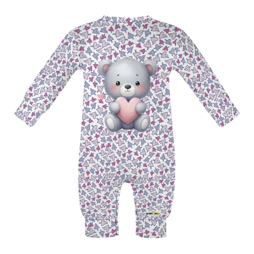 Cute Heart Pattern and Bear Graphic Holding a Heart Baby Romper-My Bright Side Clothing