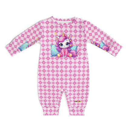 Cute Pastel Pink Sleepy Time Unicorn Heart Pattern and Graphic Baby Romper-My Bright Side Clothing