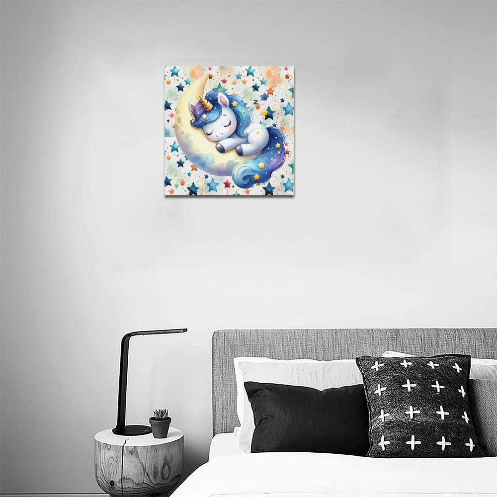 Cute colourful Moon and Star Sleeping Baby Unicorn graphic Canvas Print 16"x16"-My Bight Side Clothing