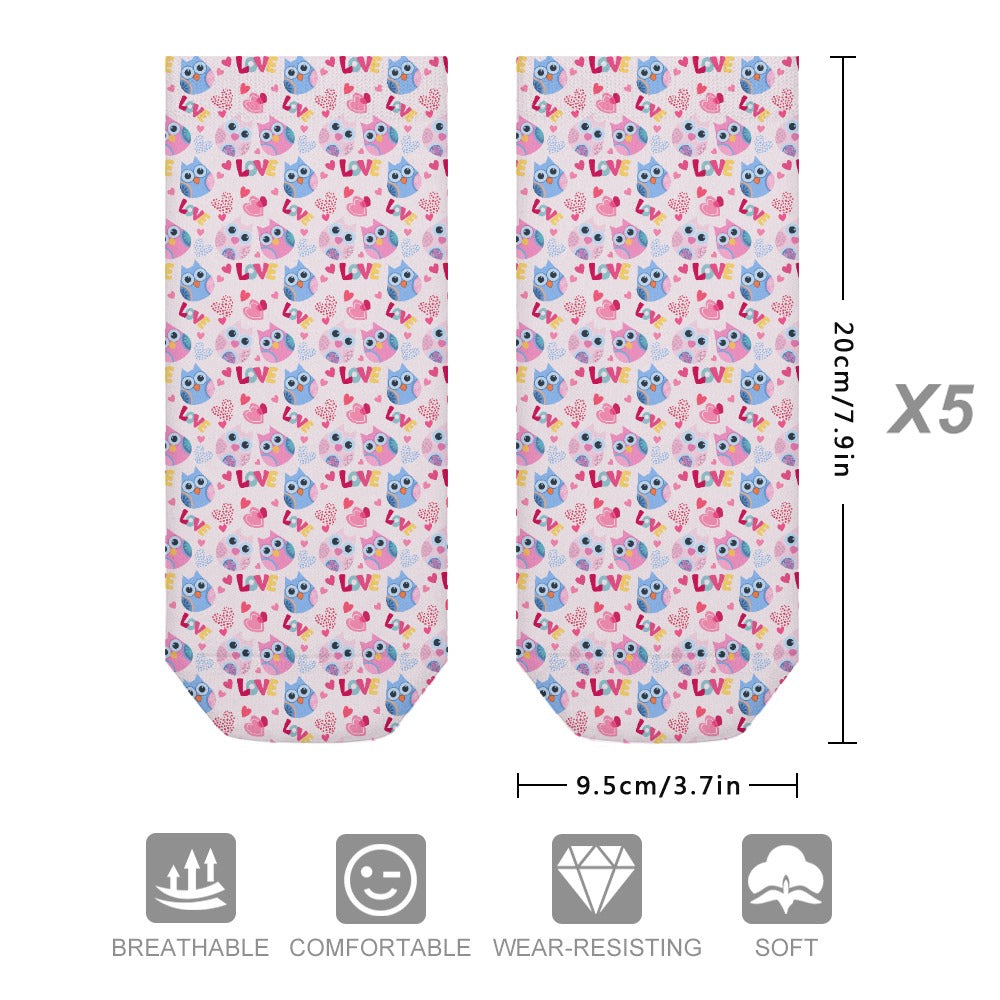 Cute Pastel Love Owls Pattern Children's Comfortable Socks -5 Pairs -MyBrightSideClothing