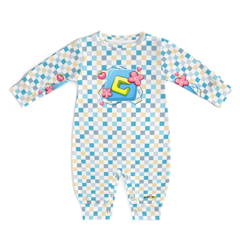 Pastel Blue Square Pattern and  Graphic  Baby Romper  -My Bright Side Clothing