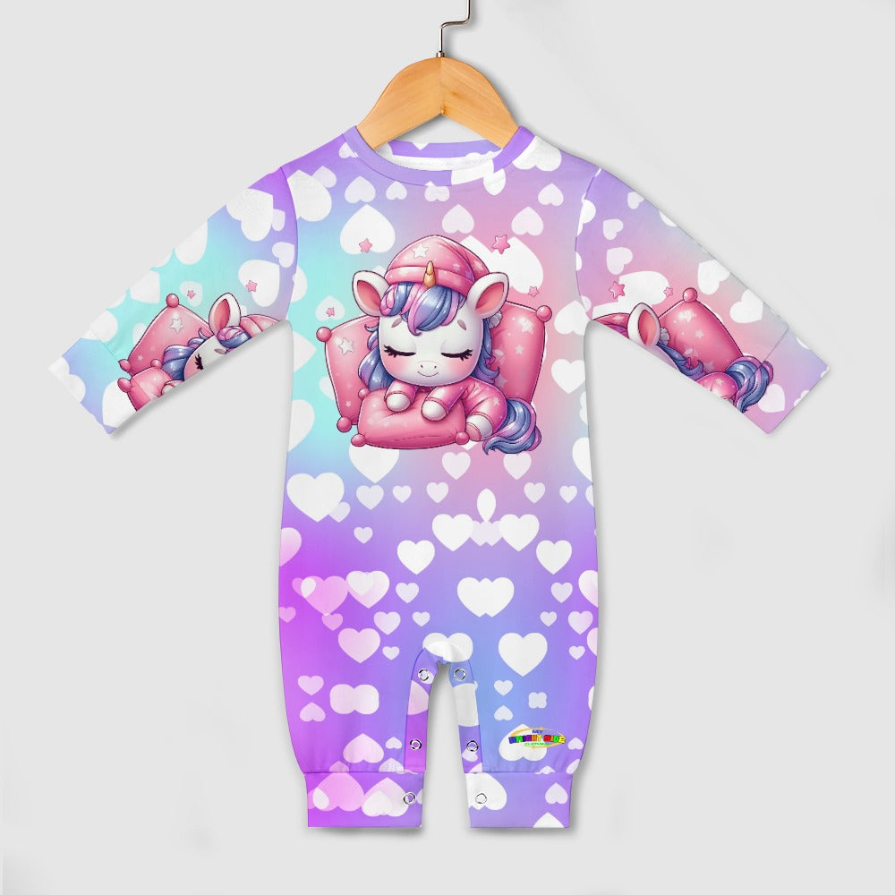 Cute Pastel Rainbow Sleepy Time Unicorn Heart Pattern and Graphic Baby Romper-My Bright Side Clothing