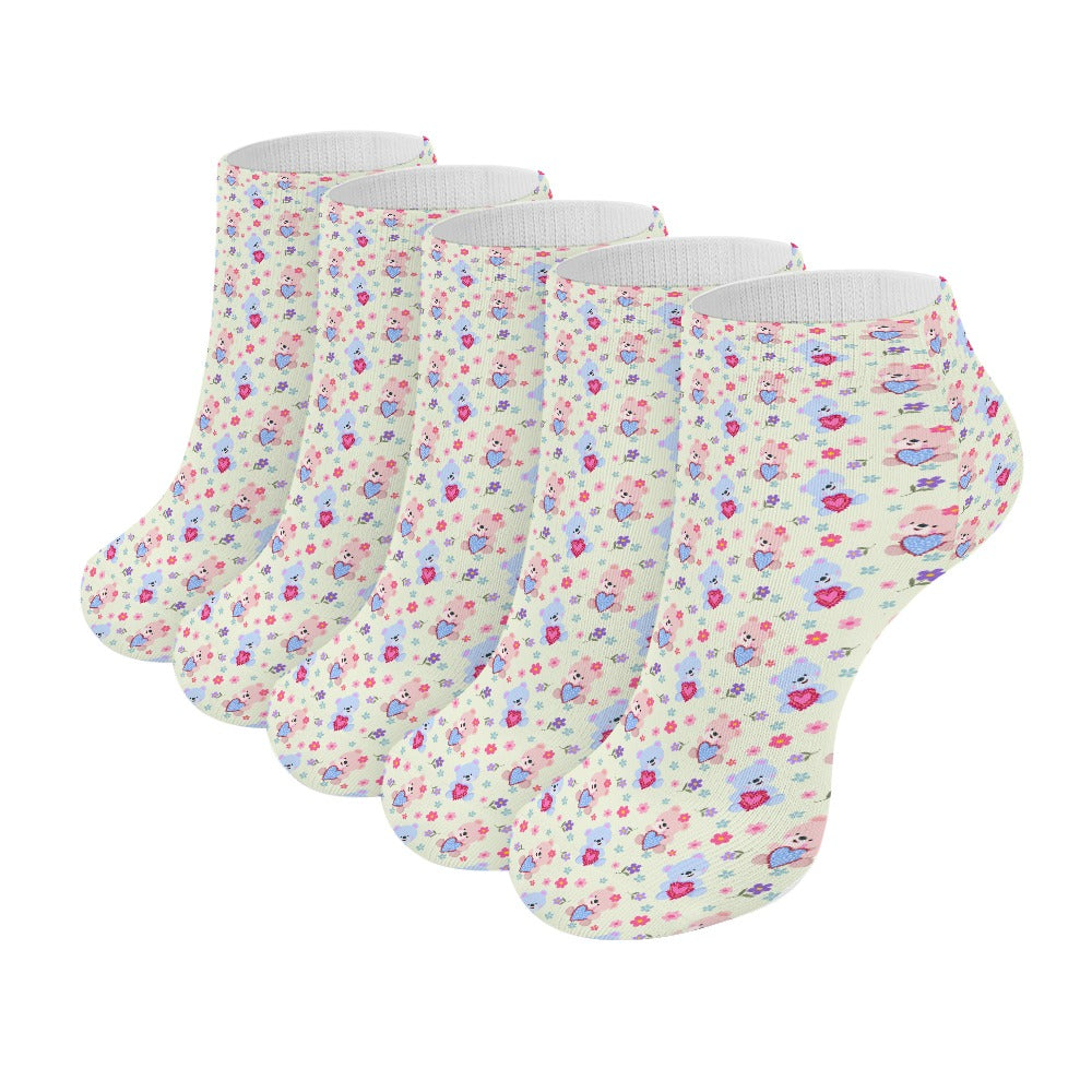 Cute Pastel Heart Teddy Bears Pattern Children's Comfortable Socks -5 Pairs -MyBrightSideClothing