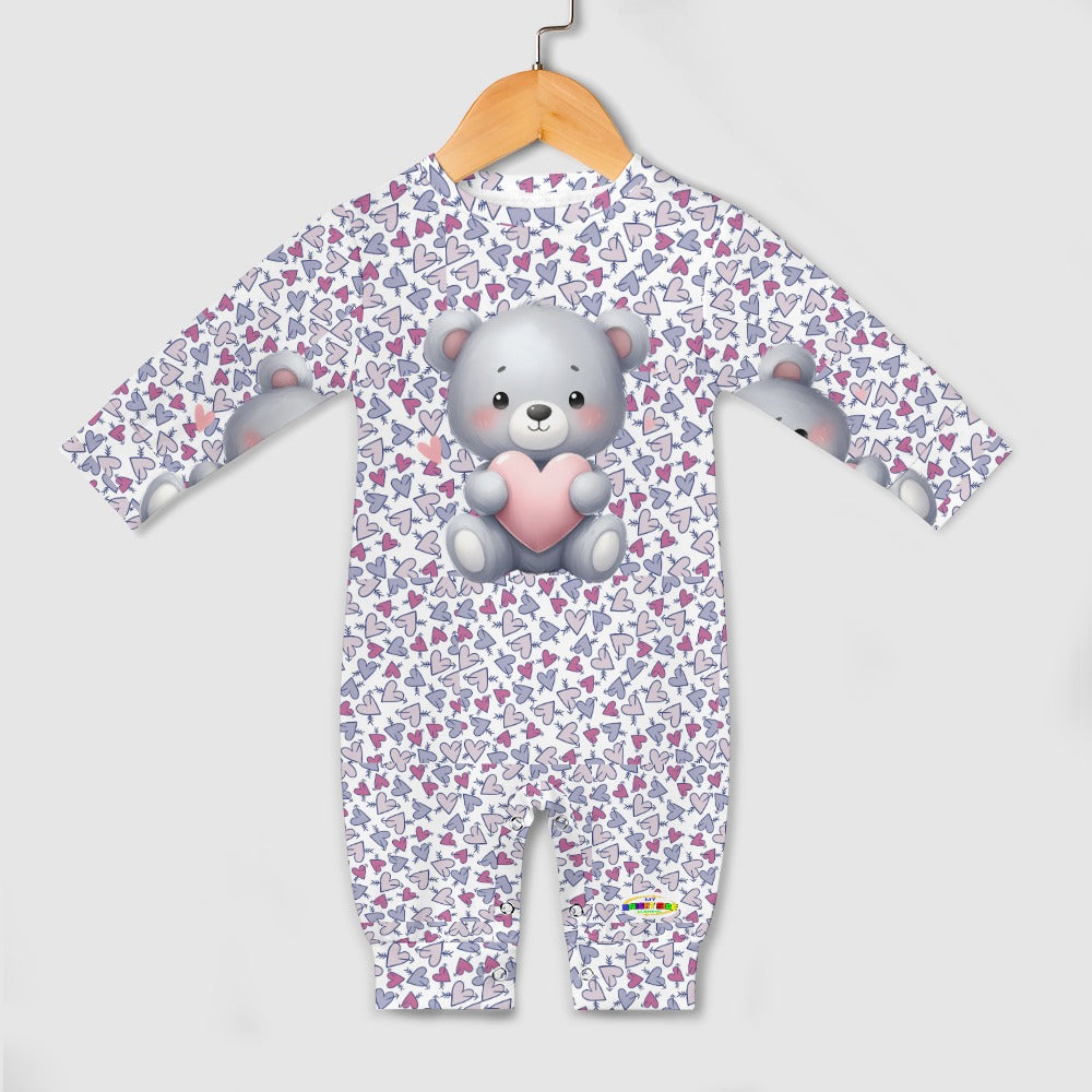 Cute Heart Pattern and Bear Graphic Holding a Heart Baby Romper-My Bright Side Clothing