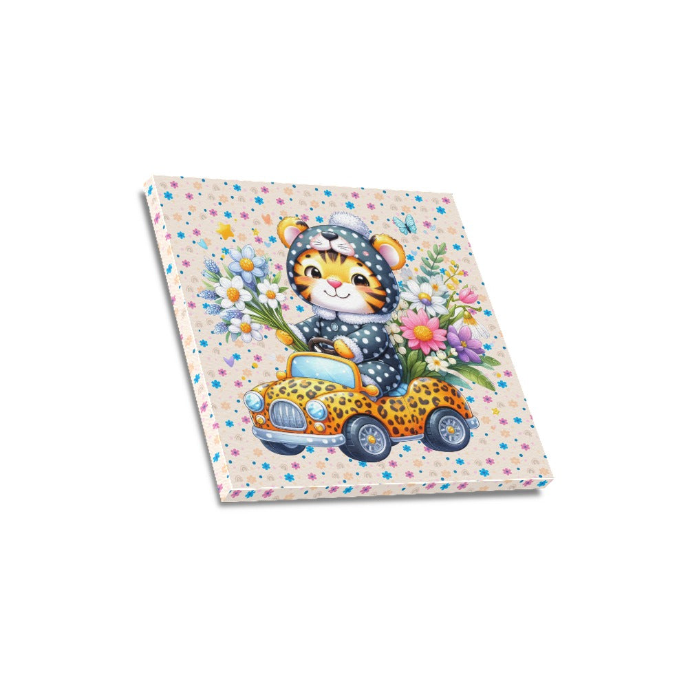 Cute colourful Flower Baby Tiger in a toy car graphic Canvas Print 16"x16"-My Bight Side Clothing