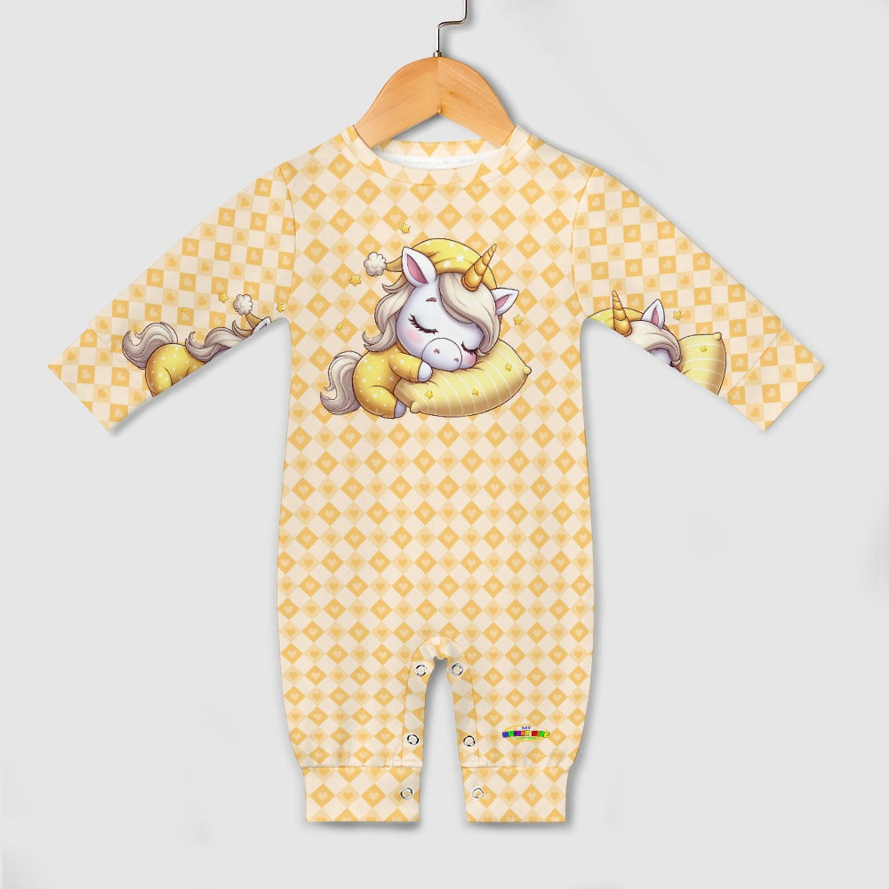 Cute Pastel Yellow Sleepy Time Unicorn Heart Pattern and Graphic Baby Romper-My Bright Side Clothing