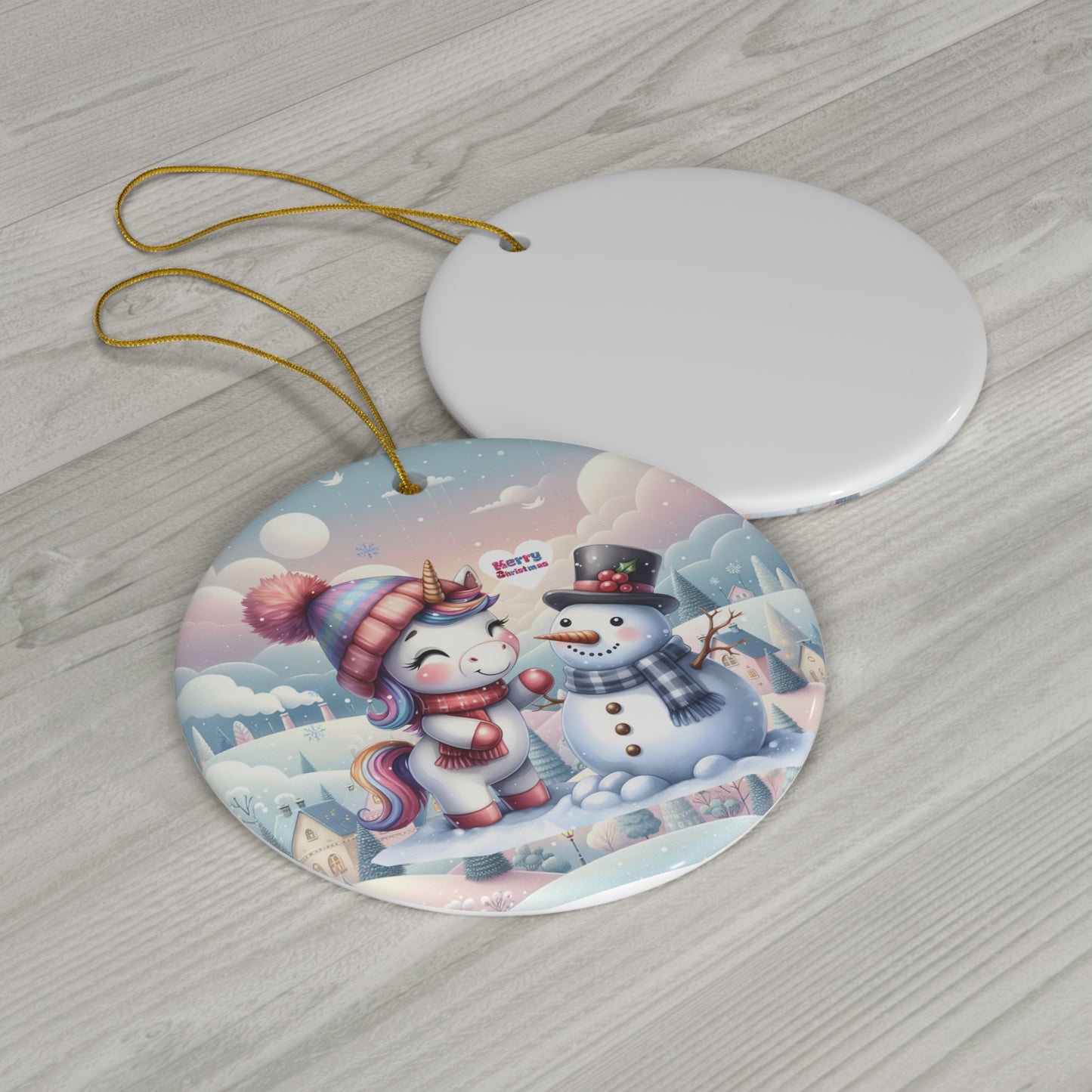 Cute Snowman and Pastel Baby Unicorn Christmas Ceramic Ornament--My Bright Side Clothing