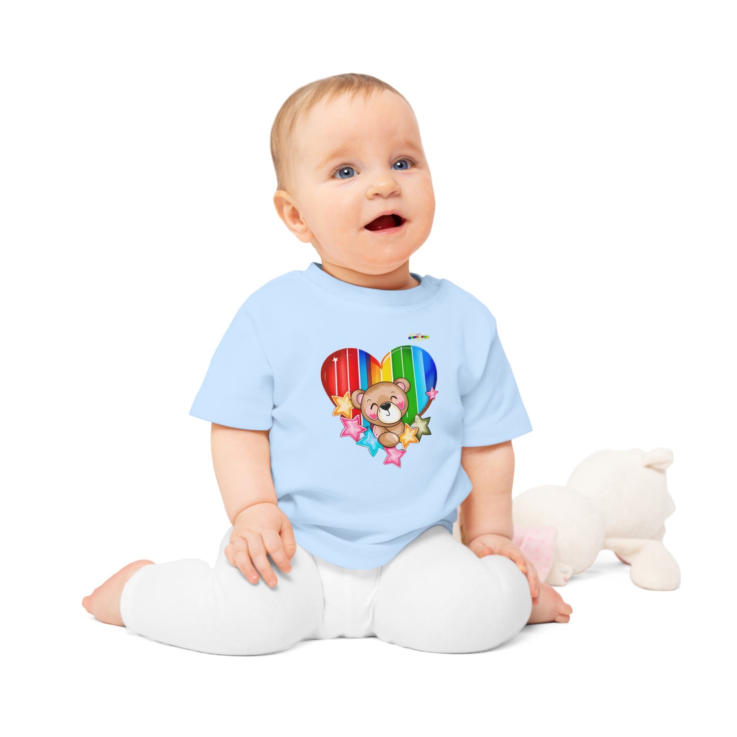 Cute Bright Love Rainbow Heart Teddy Bear Graphic Baby T-Shirt-mybrigtsideclothing.com