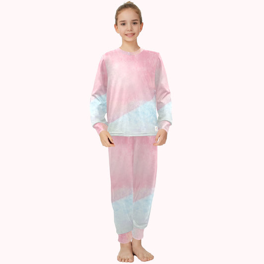 Children's Crew Neck Long Pajama Set Pink & Blue Pattern Girls