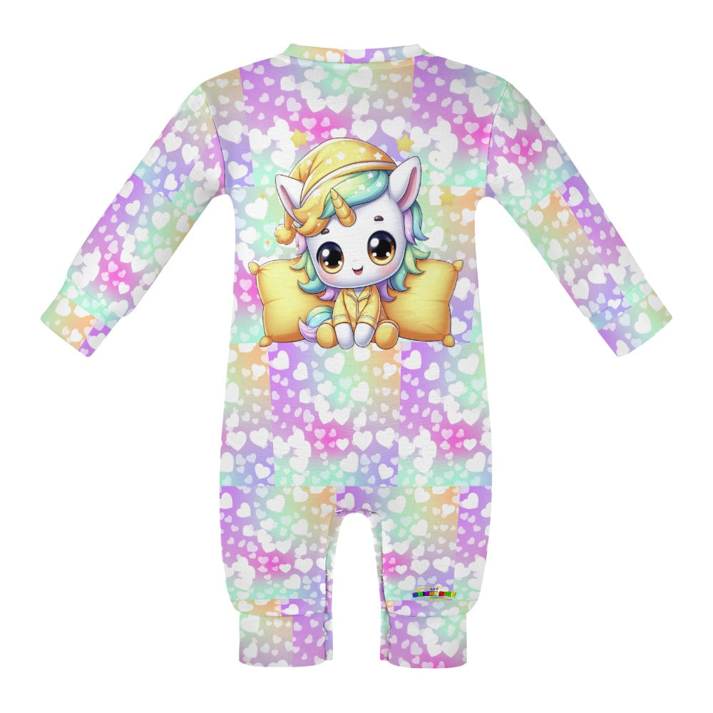 Cute Pastel Rainbow Sleepy Time Unicorn Heart Pattern and Graphic Baby Romper-My Bright Side Clothing