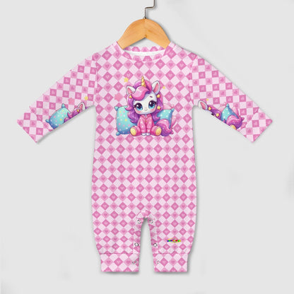 Cute Pastel Pink Sleepy Time Unicorn Heart Pattern and Graphic Baby Romper-My Bright Side Clothing