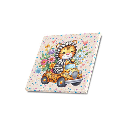 Cute colourful Flower Baby Tiger in a toy car graphic Canvas Print 16"x16"-My Bight Side Clothing