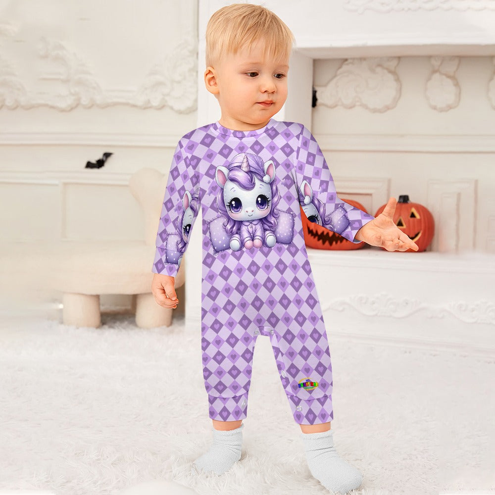 Cute Pastel Purple Sleepy Time Unicorn Heart Pattern and Graphic Baby Romper-My Bright Side Clothing