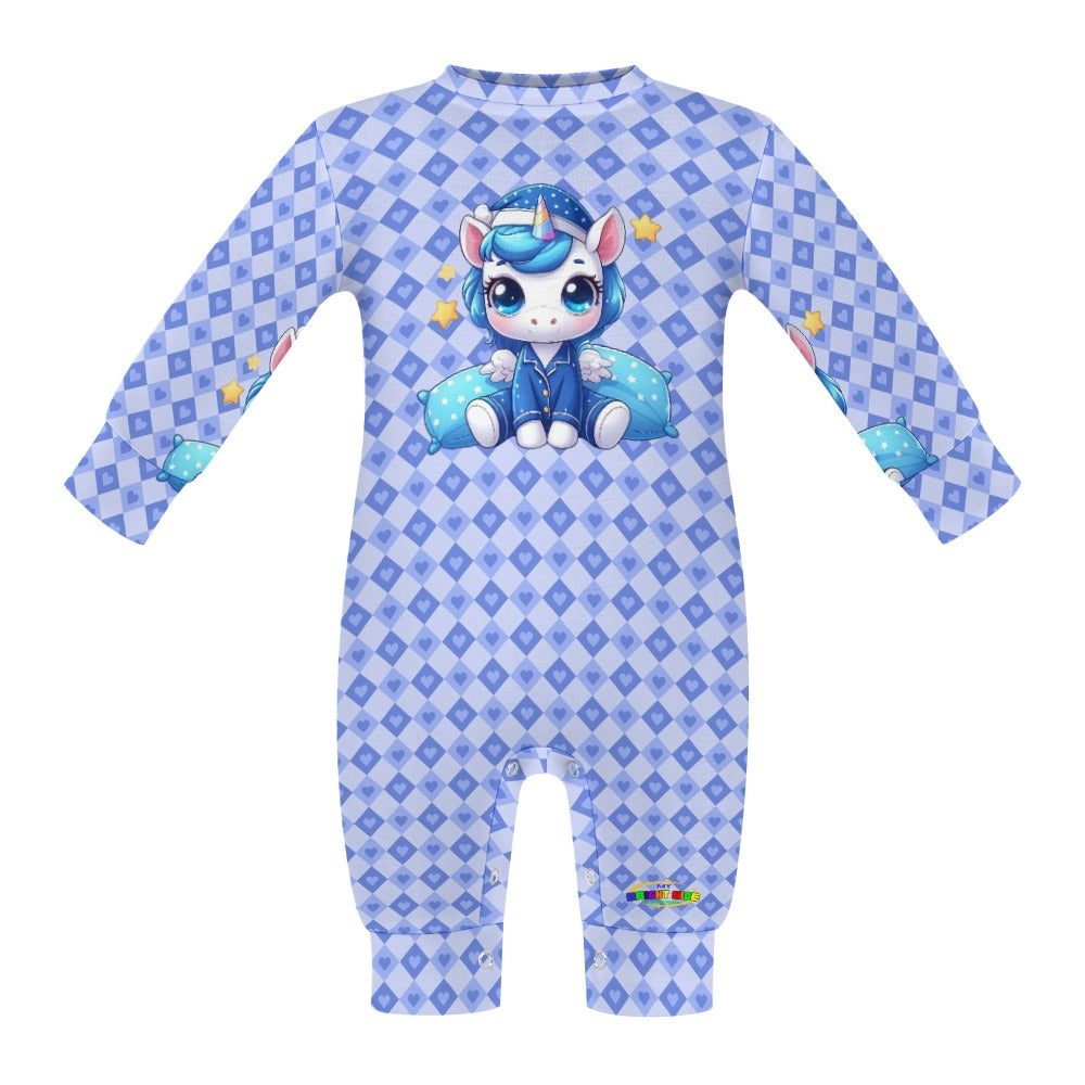 Cute Pastel Blue Sleepy Time Unicorn Heart Pattern and Graphic Baby Romper-My Bright Side Clothing