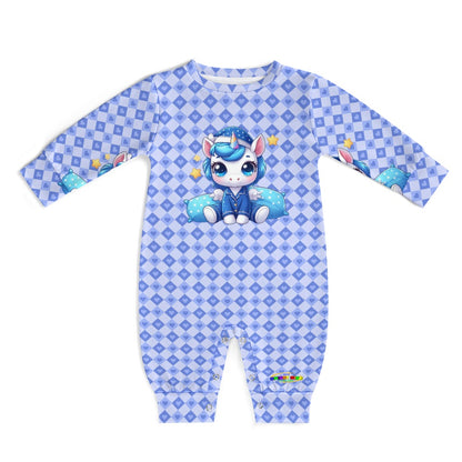 Cute Pastel Blue Sleepy Time Unicorn Heart Pattern and Graphic Baby Romper-My Bright Side Clothing