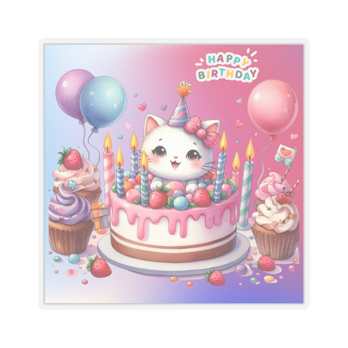 Cute little Cartoon Kitten Happy Birthday Kiss-Cut Sticker-My Bright Side Clothing