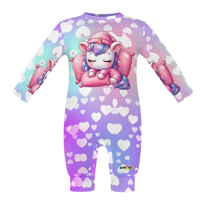 Cute Pastel Rainbow Sleepy Time Unicorn Heart Pattern and Graphic Baby Romper-My Bright Side Clothing