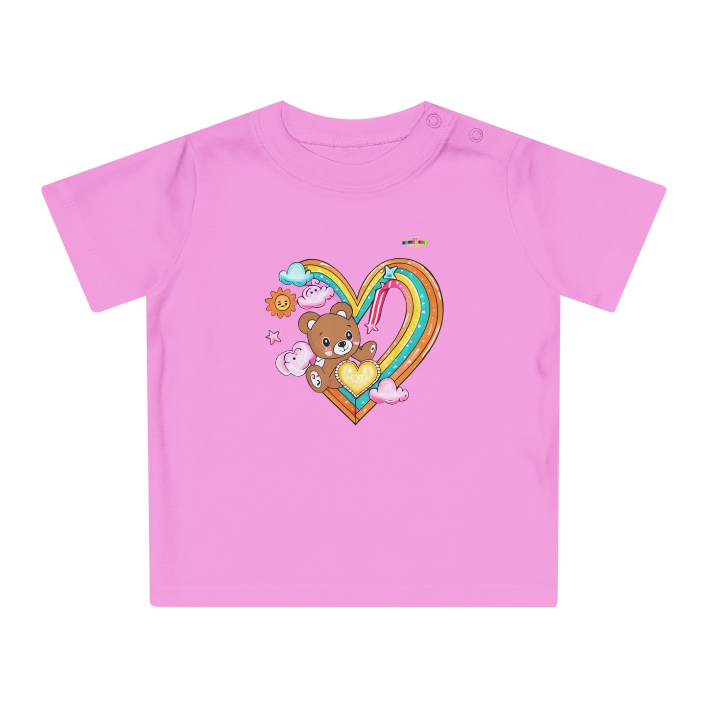 Cute Rainbow Heart Teddy Bear Graphic Baby T-Shirt-mybrigtsideclothing.com